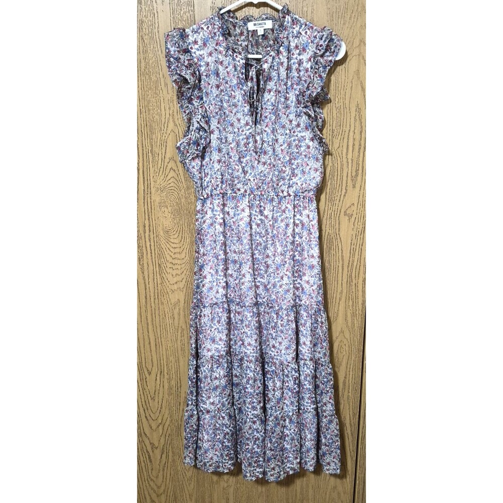 BB Dakota Steve Madden Cuff Sleeve Blue Pink Floral Lightweight Maxi Dress Sz S
